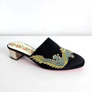 Gucci Dragon Embroidered Candy Mules EU 36 US 6 Black Satin Crystal Block Heel